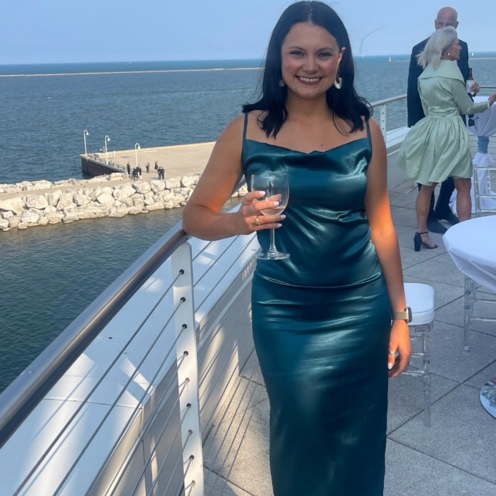 Emerald green, cowl neck midi dress